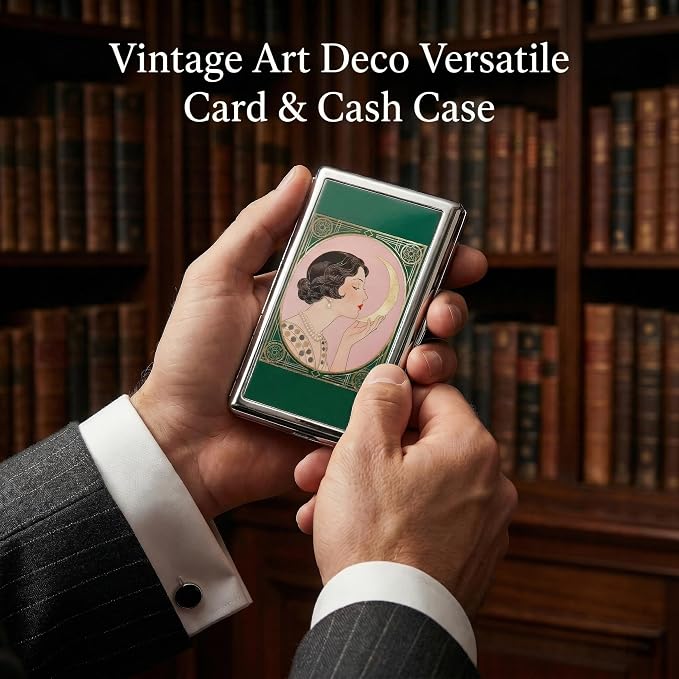 Vintage Art Deco Versatile Card & Cash/Cigarette Holder Case, Slim Metal Wallet for Women Men Credit ID Business Cards (#D)