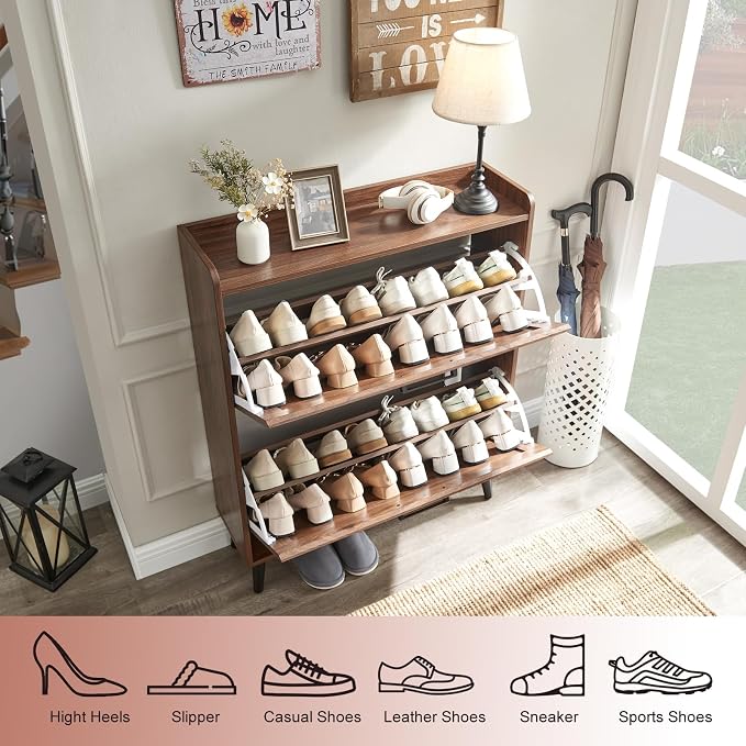 Barnyatoh Shoe Storage Cabinet with 2 Flip Drawers, Farmhouse Hidden Shoe Organizer, Narrow Slim Shoe Rack Cabinet for Entryway Hallway,Walnut