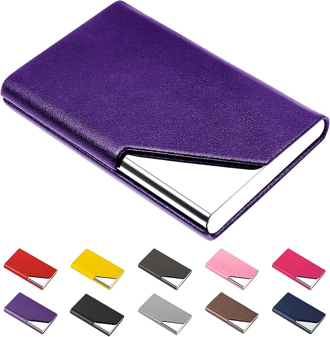Padike Business Card Holder, Upgraded Leather Business Card Case Pocket Card Holders for Men or Women, Metal Slim Name Card Holder RFID Blocking Business Card Carrier with Magnetic Closure(Purple)