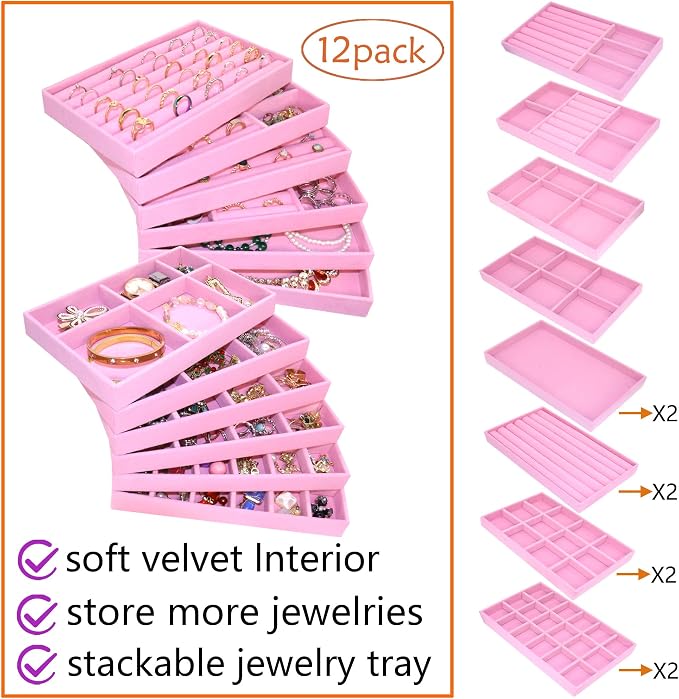 12 Set Jewelry Tray Stackable Velvet Jewelry Organizer Trays for Drawers Inserts Earrings Necklace Rings Jewelry for Women