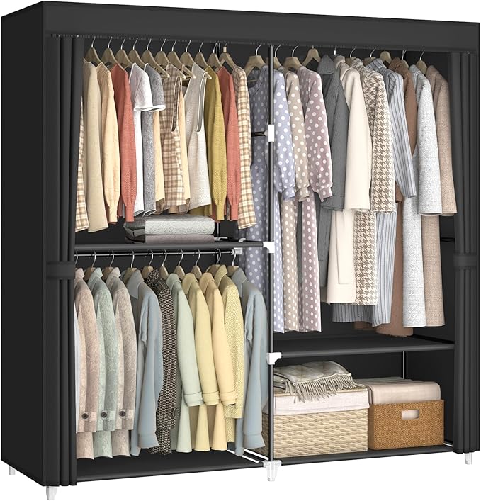 MOGELAFOO 62.5” Portable Closet, Freestanding Wardrobe Clothes Rack with Fabric Cover, 3 Hanging Rods and 4 Storage Shelves for Bedroom, Black