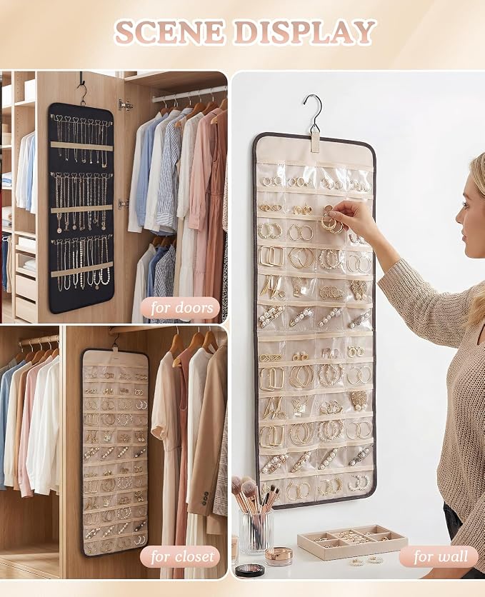 2 Pack Hanging Jewelry Organizer for Closet, Double Sided 36 Necklace Hooks 48 Pockets Holder