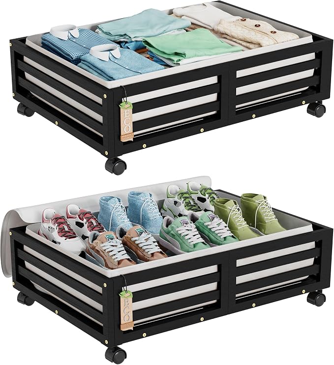 Wisuce 2 Packs Bamboo Under Bed Storage Organizer with Wheels Black Small | 360° Lockable Wheels,120lbs Load Capacity, Multi-scene ,Dustproof Clear Storage Bag, Large Capacity,Easy Quick Assembly