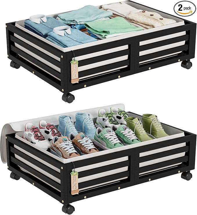 Wisuce 2 Packs Bamboo Under Bed Storage Organizer with Wheels Black Small | 360° Lockable Wheels,120lbs Load Capacity, Multi-scene ,Dustproof Clear Storage Bag, Large Capacity,Easy Quick Assembly