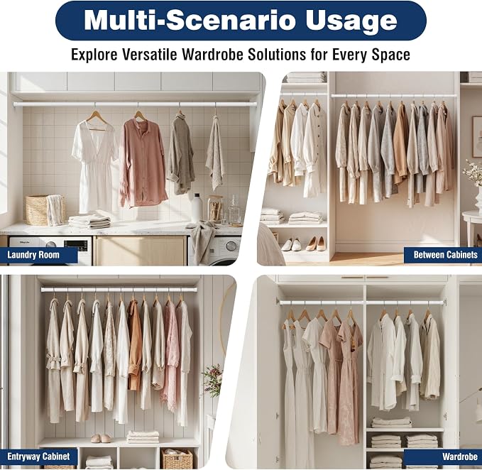 Closet Rods for Hanging Clothes, 16 to 52 Inches Adjustable Closet Rod, White Tension Rod for Closet Heavy Duty Metal Closet Pole, 1.3 Inch Diameter Closet Rod for Wardrobes Closet RV