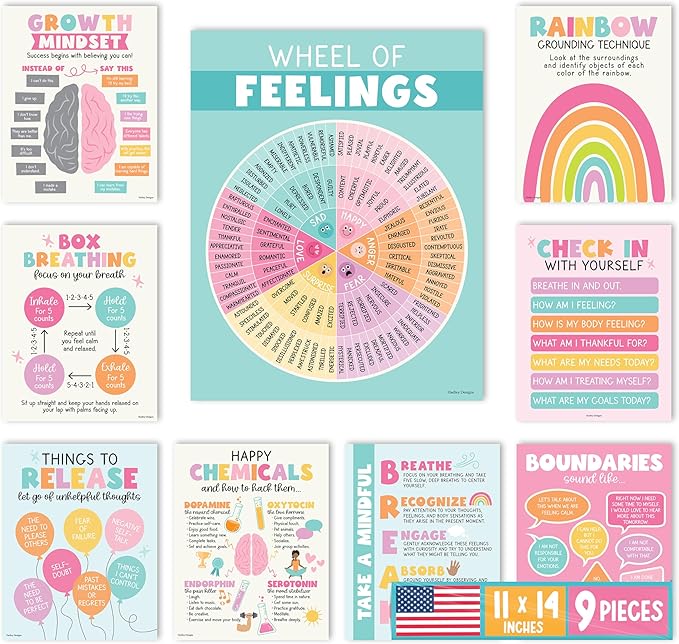 Hadley Designs 9 Mental Health Posters for Classroom - School Counselor Office Must Haves, Mental Health Therapy Office Decor, Growth Mindset Posters, Wheel of Feelings Chart, Pastel Classroom Decor