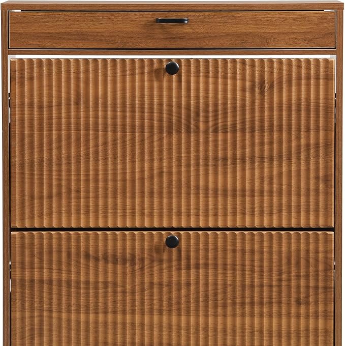 XIAO WEI Shoe Cabinet, Shoe Storage Organizer Cabinet with 2 Flip Wavy Line Drawers, Freestanding Shoe Rack with Adjustable Shelf for Entryway, (Walnut)