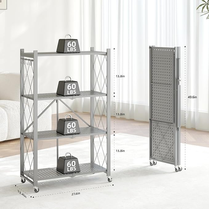 Fenbeli Foldable Shelves with Wheels - 4 Tier Folding Shelf, Collapsible No Assembly Metal Shelving Unit, Origami Storage Shelves & Rolling Storage Rack with 8 Hooks for Kitchen Pantry Garage