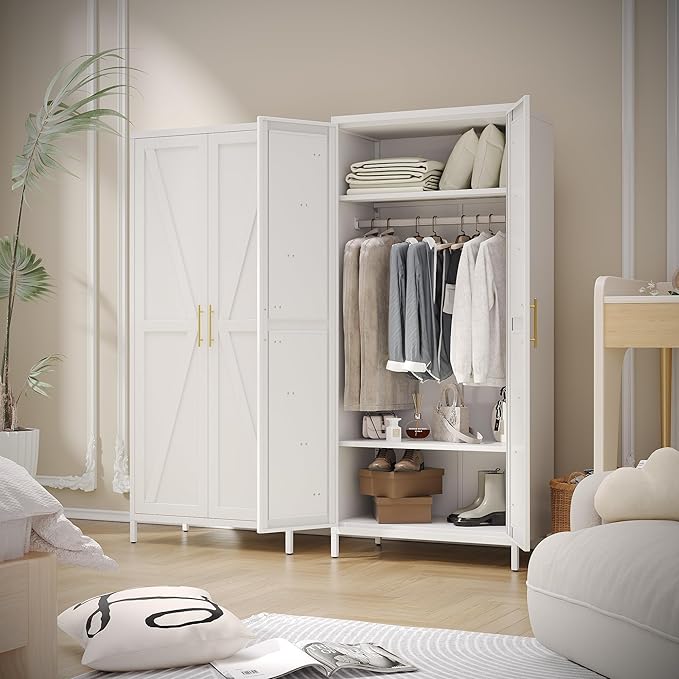 METAN Metal Wardrobe Closet with Doors, Farmhouse Armoire Wardrobe Closet for Bedroom,Assembly Required,White