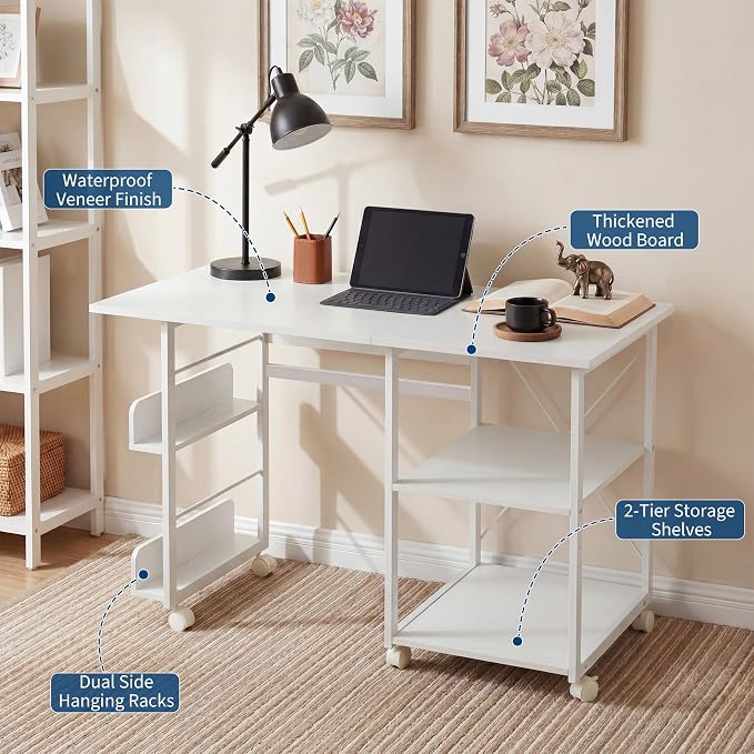 Garvee Folding Desk with Wheels, 31.5" Foldable Computer Desk with Storage Shelf, Space Saving Rolling Home Office Desk for Small Spaces, Portable Writing Table with Side Organizer, White