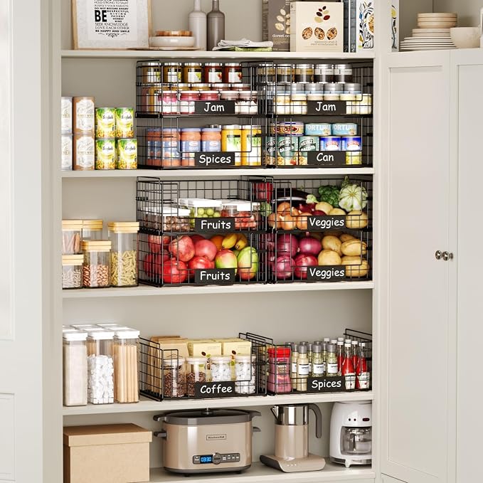 3 Pack XXL Stackable Wire Baskets with Handles & Name Plates | Pantry Organizers and Storage, Snack Organizer & Vegetable Basket & Metal Pantry Bin, Large Capacity, Durable and Sturdy