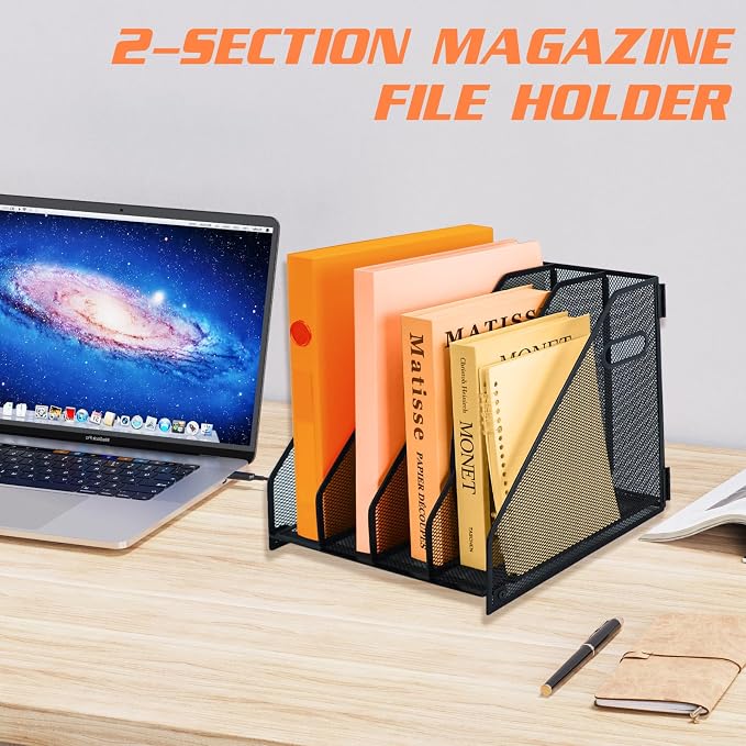 Desk file organizer metal desk magazine folder holder with 4 Vertical Compartments File Organizer for Office Home School, Black