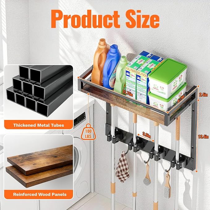 2 Packs Broom Holder Wall Mount with Shelf Load 66LBS Broom and Mop Organizer Wall Hanging Broom Hanger with 4 Mop Hanger Grippers, 3 Hooks for Laundry Room, Garage, Utility Closet, Kitchen
