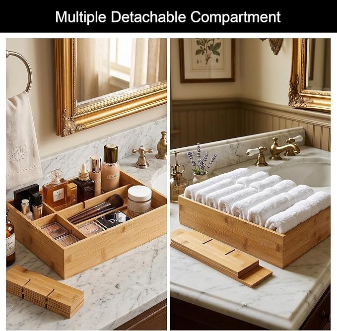 Bamboo Belt Organizer for Closet, Tie Storage Organizer Bins with Detachable Divider Drawer Organizer, Closet Organizers Storage Box for Socks, Bras, Briefs, Ties, Belts,Natural