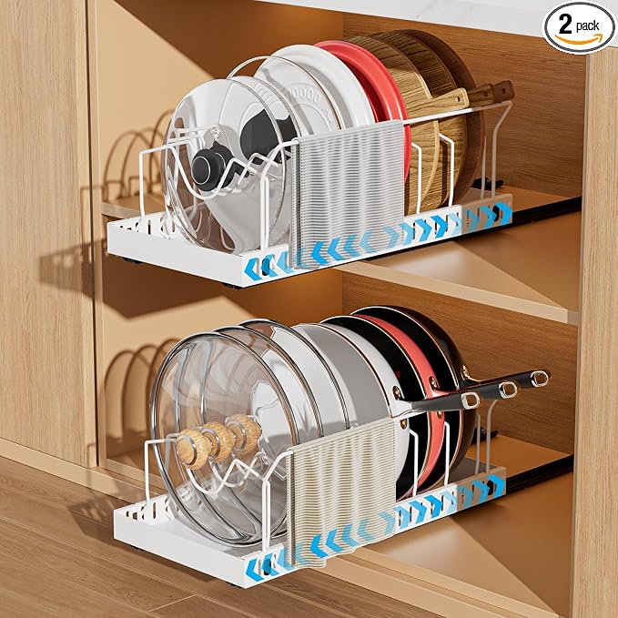 White 2 Pack Pot Lid Organizer, Pull Out Cabinet Rack, 8 Dividers | 2-pack black carbon steel rack, 16 adjustable dividers, quiet slide rails, adhesive or screw mount for lids, pans, bakeware