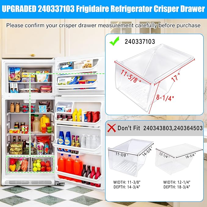 [2 PACK] Upgraded 240337103 Refrigerator Crisper Drawers Bins Compatible with Frigidaire Drawer Replacement 240337102 Kenmore Refrigerator Drawer,Frigidaire Crisper Drawer Replacement Fridge Drawer