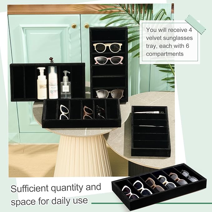 Juexica 4 Pcs Velvet Sunglasses Organizer Tray 6 Grid Sunglass Organizer Velvet Tray Stackable Glasses Display Case for Women Glasses Jewelry Display Watch (Black)