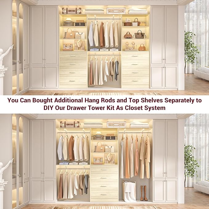 Aheaplus Closet Drawers Organizer System, 3.54FT Wood Closet System with 4 Drawers, Modular Walk-in Closets Storage Unit, Tall Bookshelf Storage Cabinet, White Oak (2 Packs)