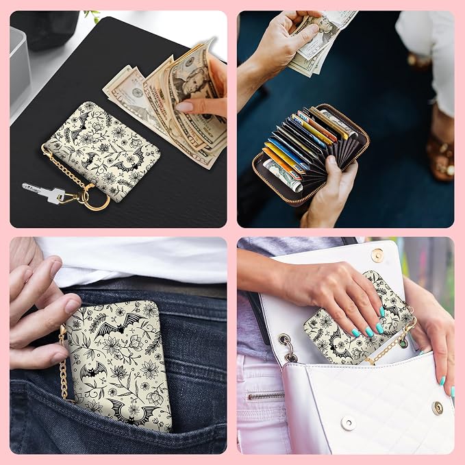 Blusabaca Goth Bat RFID Credit Card Holder, Small Women Travel Wallet | Vintage, Removable Keychain, Case Zipper, PU Leather, Cash Coin Pocket, Business Accordion Purse, Ladies Female Gift