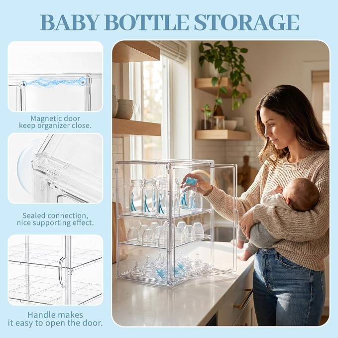 Baby Bottle Organizer, 3 Tier Bottle Storage Organizer Baby | Acrylic Bottles Storage Station with Magnetic Door and Hook for Pacifiers Pump Parts, Makeup & Bathroom Organizer