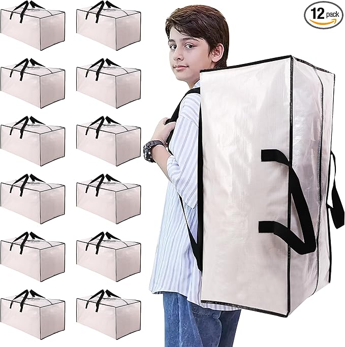 NATURELUX Heavy Duty Moving Bags with Backpack Straps and Strong Handles, Alternative to Moving Boxes and Storage Totes for Dorm Room Essentials, 12 Pack, Clear