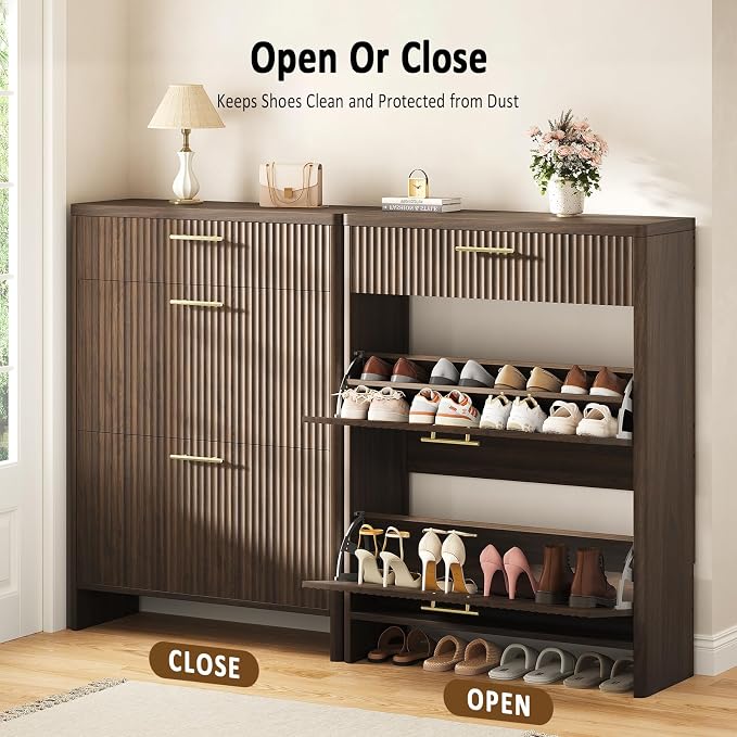 Fluted Shoe Storage Cabinet for Entryway, Narrow Wooden Shoe Cabinet with 2 Flip Drawers & Pull-Out Drawer, Modern Freestanding Slim Shoe Organizer Rack for Foyer/Hallway/Living Room, Walnut