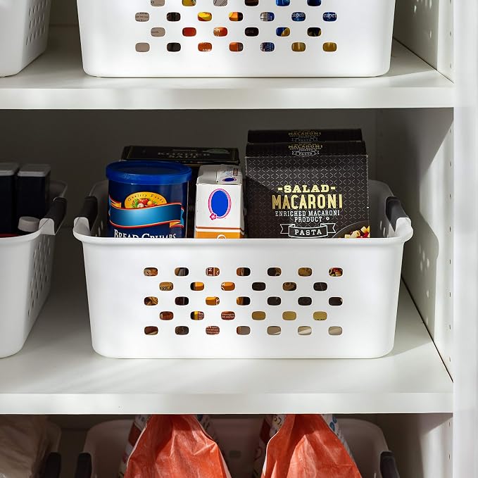 IRIS USA 4-Pack, Medium Plastic Storage Basket, White | Organize pantry items, office supplies, crafts, accessories, and household essentials with easy-carry storage for shelves