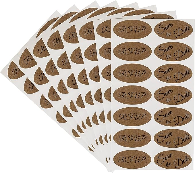 ChromaLabel 1 x 2 Inch Oval Kraft RSVP Save The Date Labels, 112 Pack | Kraft oval labels with RSVP and Save The Date designs for invitations, weddings and event mailings. Made in USA