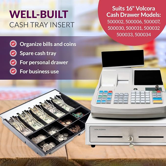 Volcora Cash Drawer Tray - 14.1 x 13 x 2.5 Inch Cash Register Insert - 5 Bill / 8 Coin Replacement Cash Tray - Stainless Steel Currency Compartment - 16" Cash Registers with Fully Removable Tray
