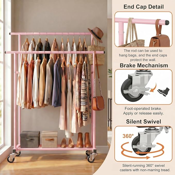 Calmootey Rolling Garment Rack with 2 Rods, Clothes Organizer for Bedroom | High-Low Rods, Two Lockable Wheels, Sturdy Metal Frame, Space-Saving, Fits Laundry, Living Room, Pink