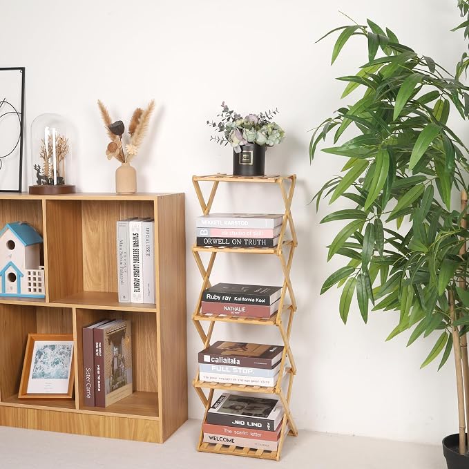 Bamboo Shoe Rack 5 Tier Foldable Shoe Rack for Entryway | Narrow Vertical Shoe Organizer Free Standing Shelf, Multifunctional Slim Storage for Bedrooms Living Room Corner, Wood Color
