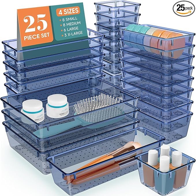 StorMiracle 25 PCS Drawer Organizer Set, 5 Varied Size Bathroom and kitchen Drawer cabinet organizer Trays, Clear Storage Bins for Makeup, Jewelry, Utensils and Gadgets, Dark Blue