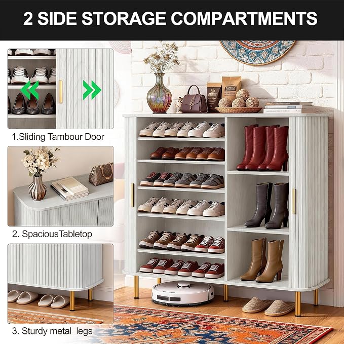 DHH Shoe Storage Cabinet with Sliding Door, 6-Tier Shoe Cabinet with Adjustable Shelves, Modern Freestanding Shoe Storage Organizer for Entryway, Hallway, Living Room (Washed Grey, 47 ")