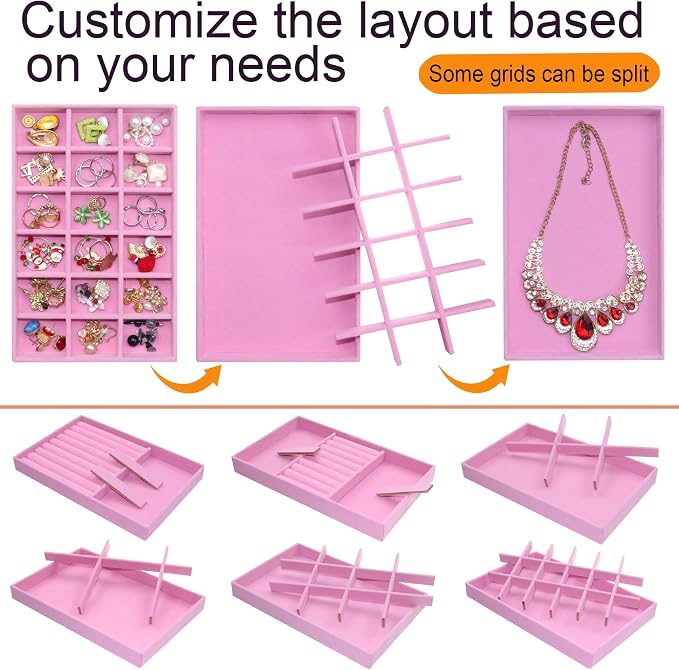 Stackable Jewelry Organizer Trays 8 Set, X-Large Jewelry Display Case Storage for Earring Necklace Rings Bracelet Watch with Removable Dividers