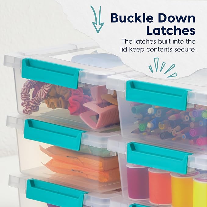 IRIS USA 2 Qt. Craft Storage Bins with Lids, 6-Pack, |Made in USA|, Clip Box, Small Plastic Sensory Bin Tote Organizer Containers for Art Supplies, Paper, & Office, Stackable - Clear/Seafoam Blue