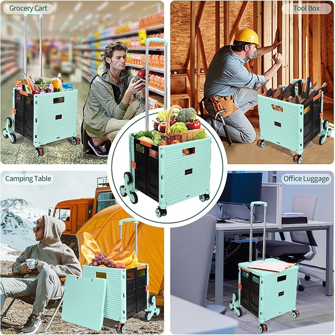 SELORSS Foldable Utility Cart Collapsible Crate Rolling Carts with Stair Climbing Wheels Rolling Tote Basket Teacher Cart with Lid Wear-Resistant 360°Rotate Wheel Noiseless for Shopping Grocery Office
