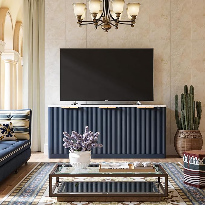 Evermagin 67" Fluted Navy Blue Buffet Cabinet with Storage | Mid-century modern wood sideboard, large credenza with 6 doors for kitchen or living room, 67"W x 31.5"H x 15.7"D