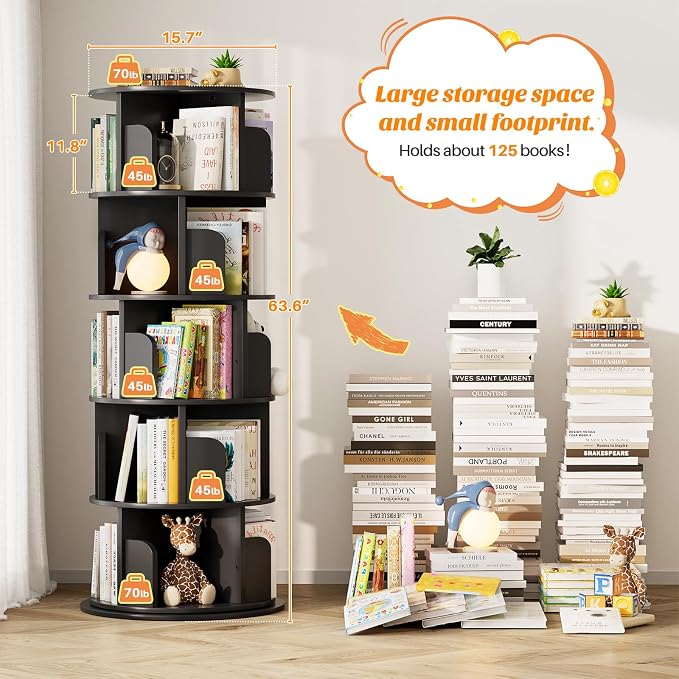 Aheaplus 5 Tier Rotating Bookshelf, Wood Spinning Bookshelf Tower, Round Revolving 360 Bookcase, Narrow Turning Book Shelf Rolling Corner Organizer for Small Space, Bedroom, Office, Black
