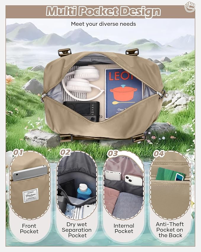 Travel Duffel Bags for Women Mens Waterproof Weekender Carry on Bag Sports Gym Bag Travel Tote Bags with Wet Pocket Overnight Bag Workout Duffel Bags with Trolley Sleeve Khaki