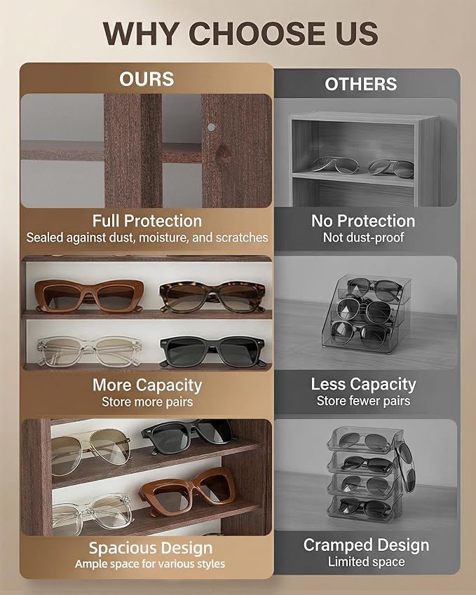 TJ.MOREE Sunglass Organizer Wall Mounted Glasses Holder Display Case 6 Tier | 13 x 15.6 inches Wooden Storage Box for Multiple Pairs Eyeglasses Sports Sunglasses
