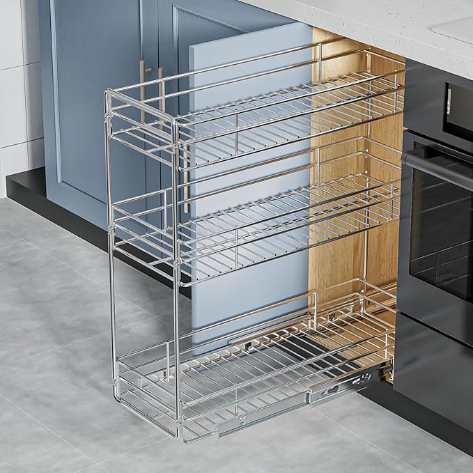 ROOMTEC 3-Tier Pull Out Cabinet Organizer for Narrow Cabinet (5.5" W X 20.5" D), Kitchen Cabinet Organizer and Storage Cabinet Pull Out Shelves Under Cabinet Storage for Kitchen, Chrome