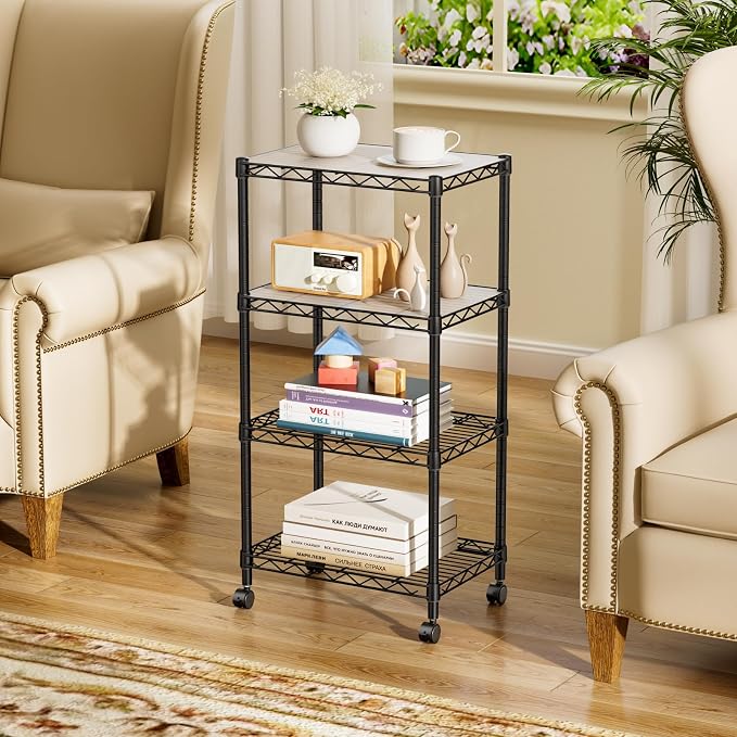 SINGAYE Small Wire 4 Adjustable Shelves Pantry Metal Shelf Floor Organizer | Armoire Adjustable Floor Kitchen Narrow Organizer Rack Shelving Short Square Stackable Standing Storage Tier Under Unit