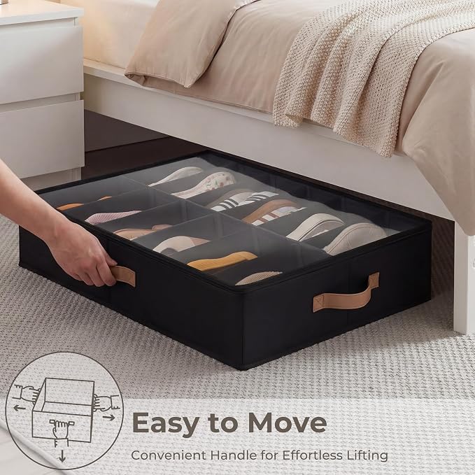 StorageWorks 2-Pack 24-Pair Underbed Shoe Organizer for Closet, Black | Adjustable Dividers, Up to 12 Pairs Each, 5.25" Height, Fits 6-inch+ Clearance, Clear Top, Soft Handles, For Bedroom