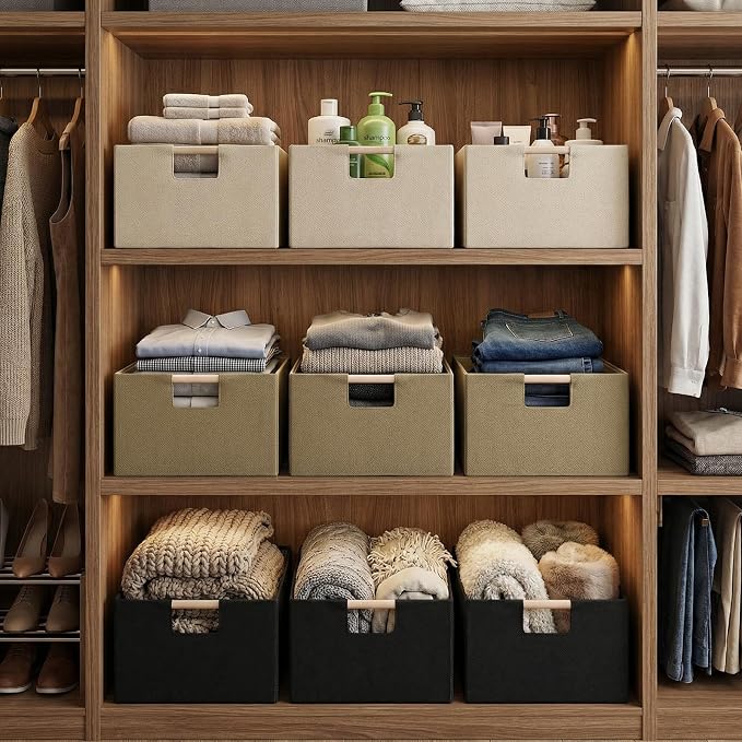 Foldable Fabric Storage Basket for Shelves, Linen Decorative Storage Bin with Wooden Handles, Small Organizer Cube for Closet, Rectangle Canvas Box for Organizing, Decor, 15x10.6x6 Inches (Brown)
