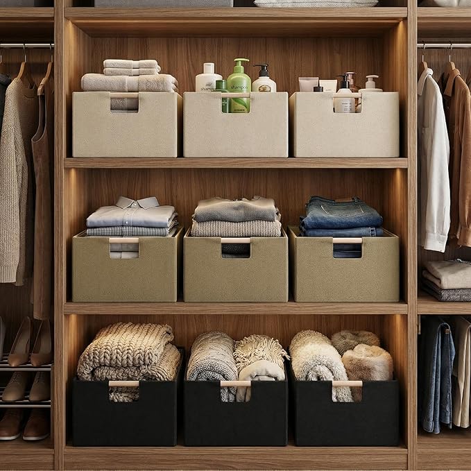 Foldable Fabric Storage Basket for Shelves, Linen Decorative Storage Bin with Wooden Handles, Small Organizer Cube for Closet, Rectangle Canvas Box for Organizing, Decor, 15x10.6x6 Inches (Blcak)