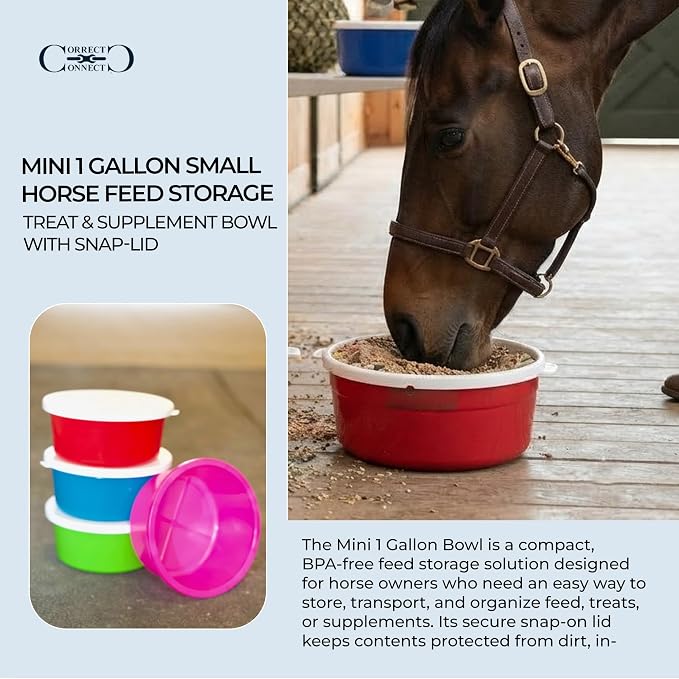 Correct Connect RCC Mini 1 Gallon Horse Feed Storage Bowl with Snap Lid, Feed Container for Treats and Supplements, BPA Free Food Grade Feed Bucket, Stackable (Pink)