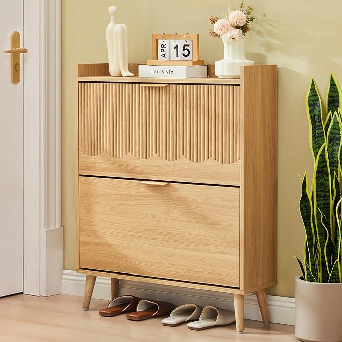 BERRYMERRY 30" Narrow Shoe Storage Cabinet with 2 Flip Drawers and Wave Fluted Design for Hallway Entryway Living Room Foyer (Fluted Natural 2 Drawer)