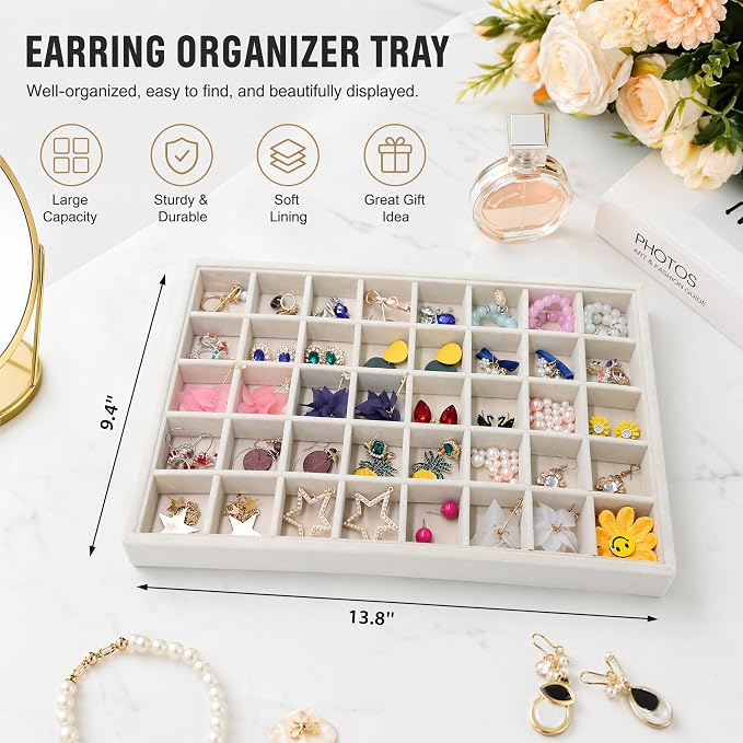 Stratalife 40 Grid Jewelry Organizer Tray, Stackable Drawer Earring Organizer with Adjustable Dividers, Jewelry Display Tray for Necklace Earring Ring Bracelet, 13.8" x 9.4" x 1.2", Beige
