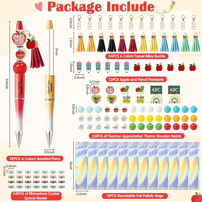 CNhoqc Teacher Appreciation Ballpoint Pens - 12-Set Teacher Appreciation Week Retractable Beadable Ballpoint Pen Wooden Bead Tassel Resealable Foil Pouch Bag Office School Writing Supplies Party Favor