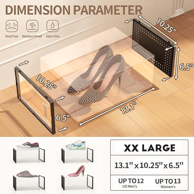 Snaxo 12 Pack XX-Large Clear Shoe Storage Boxes, Stackable Modular Plastic Shoe Organizer Front-Opening Door, Ventilated Dust-Proof Sneaker Display Case Closet, Entryway, Black